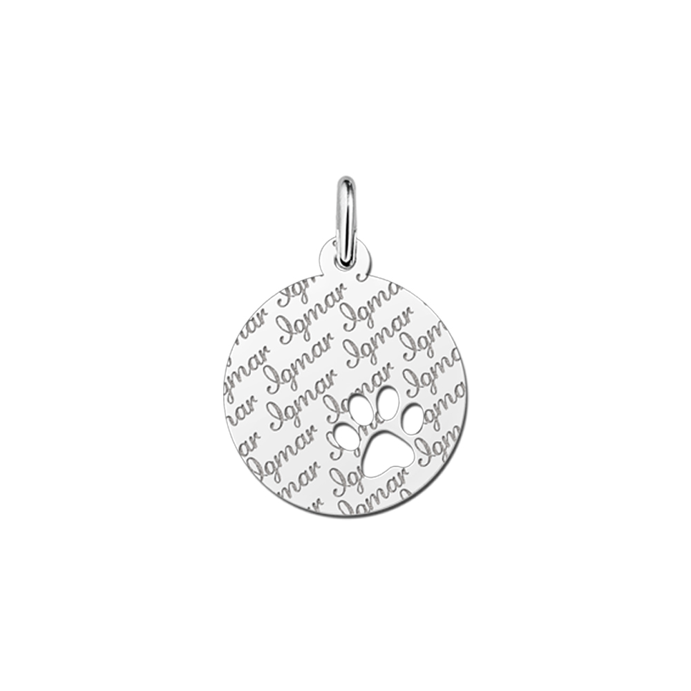 Silver pendant with repeated name and paw print