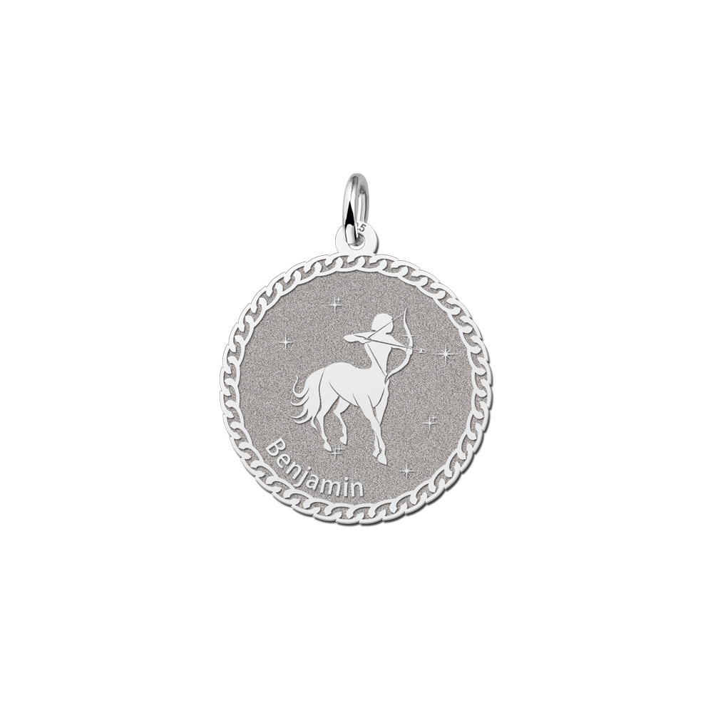 Silver Round Zodiac Pendant Sagittarius with Name Engraving