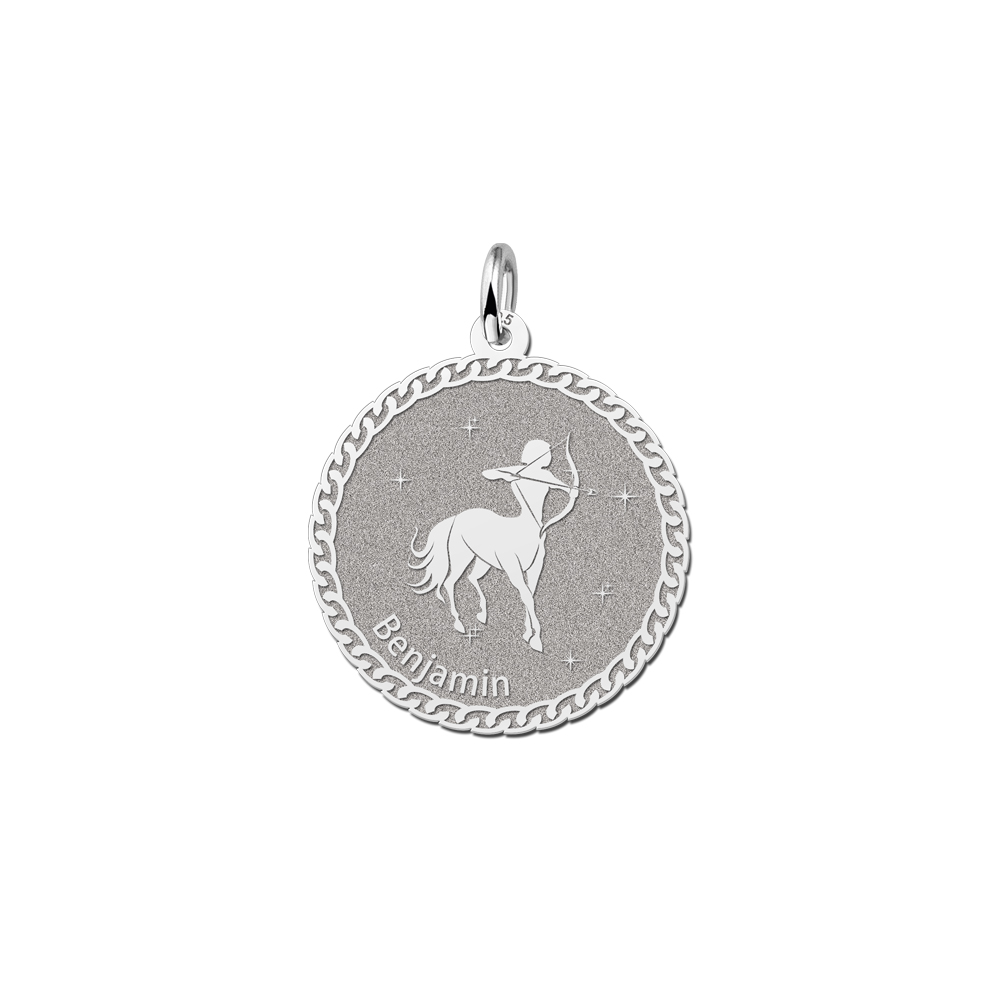 Silver round zodiac pendant Sagittarius