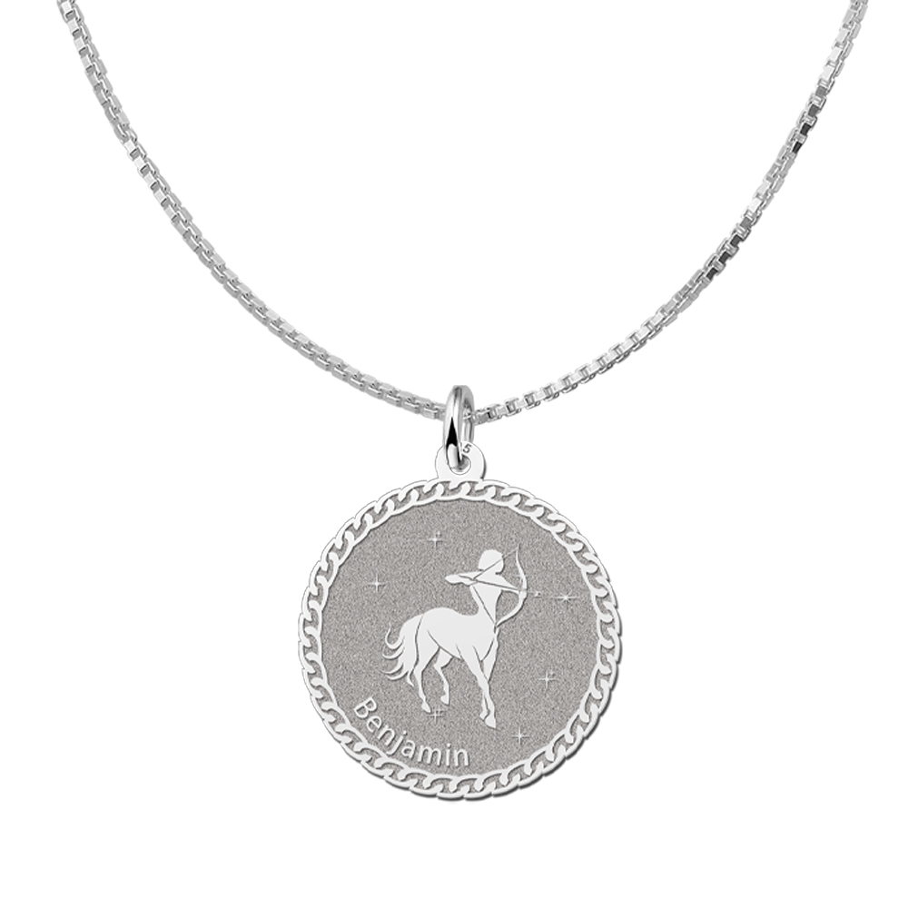 Silver Round Zodiac Pendant Sagittarius with Name Engraving