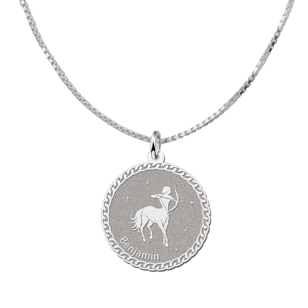 Silver round zodiac pendant Sagittarius