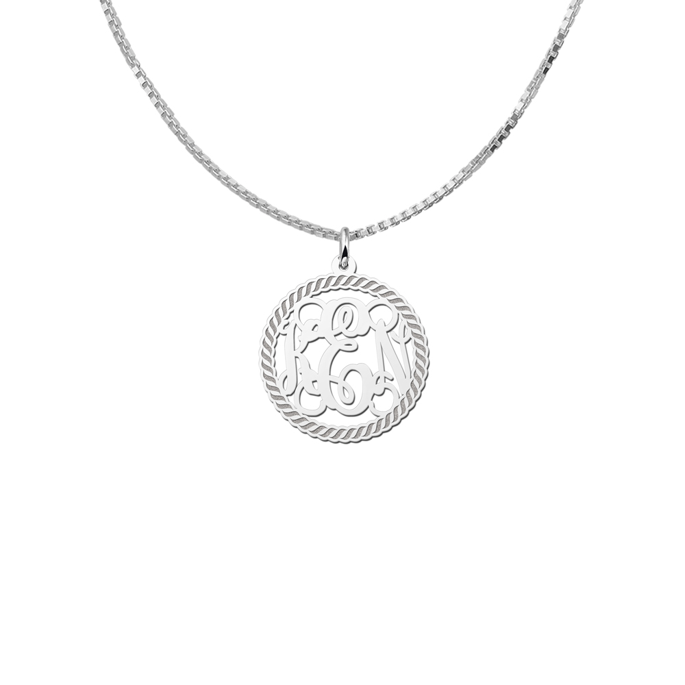 Silver Monogram Necklace with Engraved Border, Medium