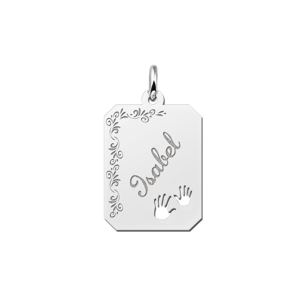 Silver engraved rectangle16 nametag flower design hands