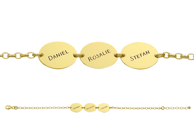 Gold name bracelet with 3 ovals