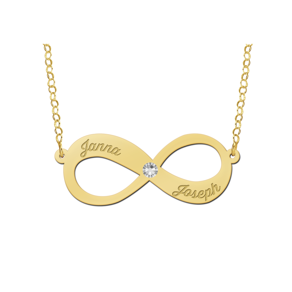 Gold infinity necklace with zirconia and two engraved names