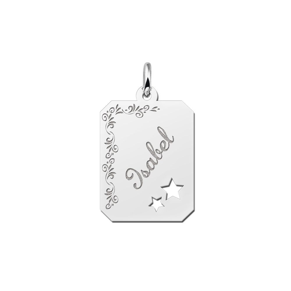 Silver engraved rectangle16 nametag flower design stars