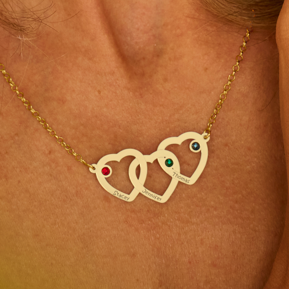 Golden birthstone necklace three hearts