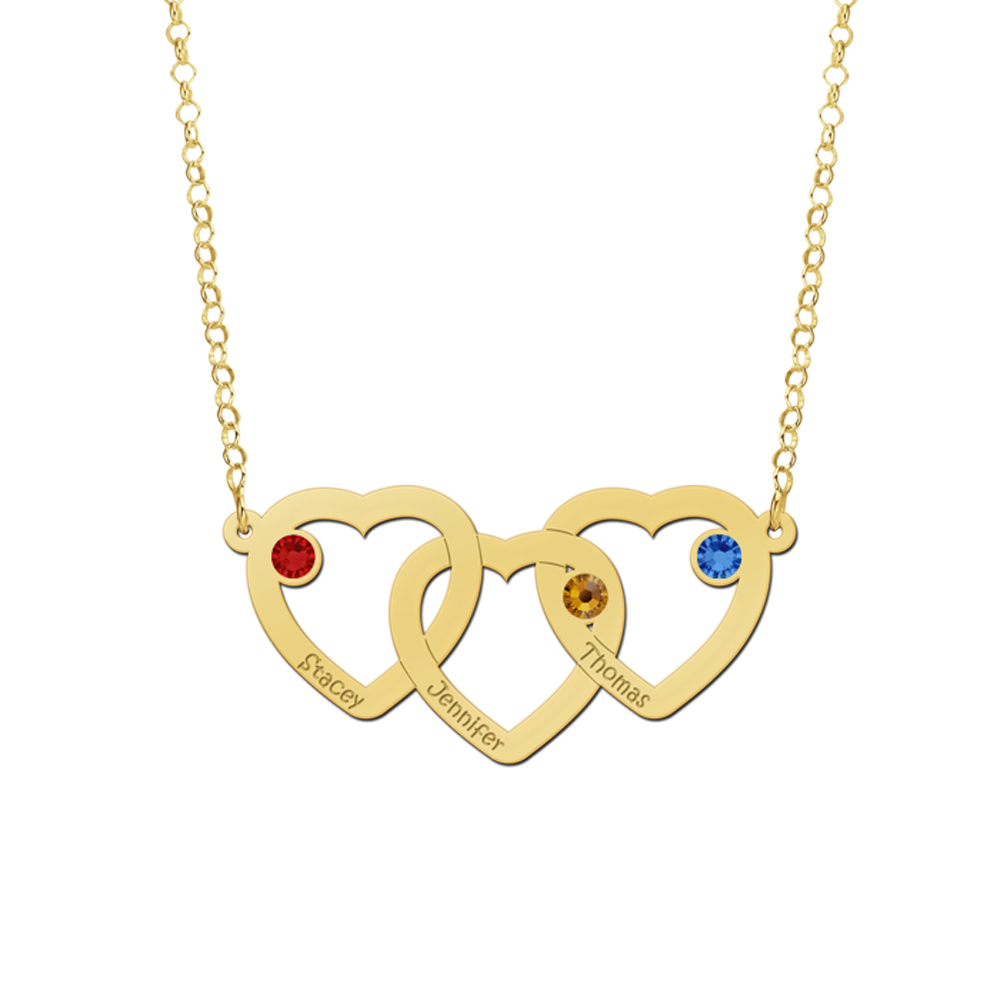 Golden birthstone necklace three hearts