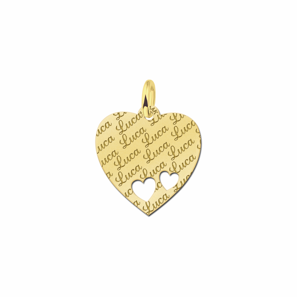 Gold fully engraved heart necklace with 2 hearts