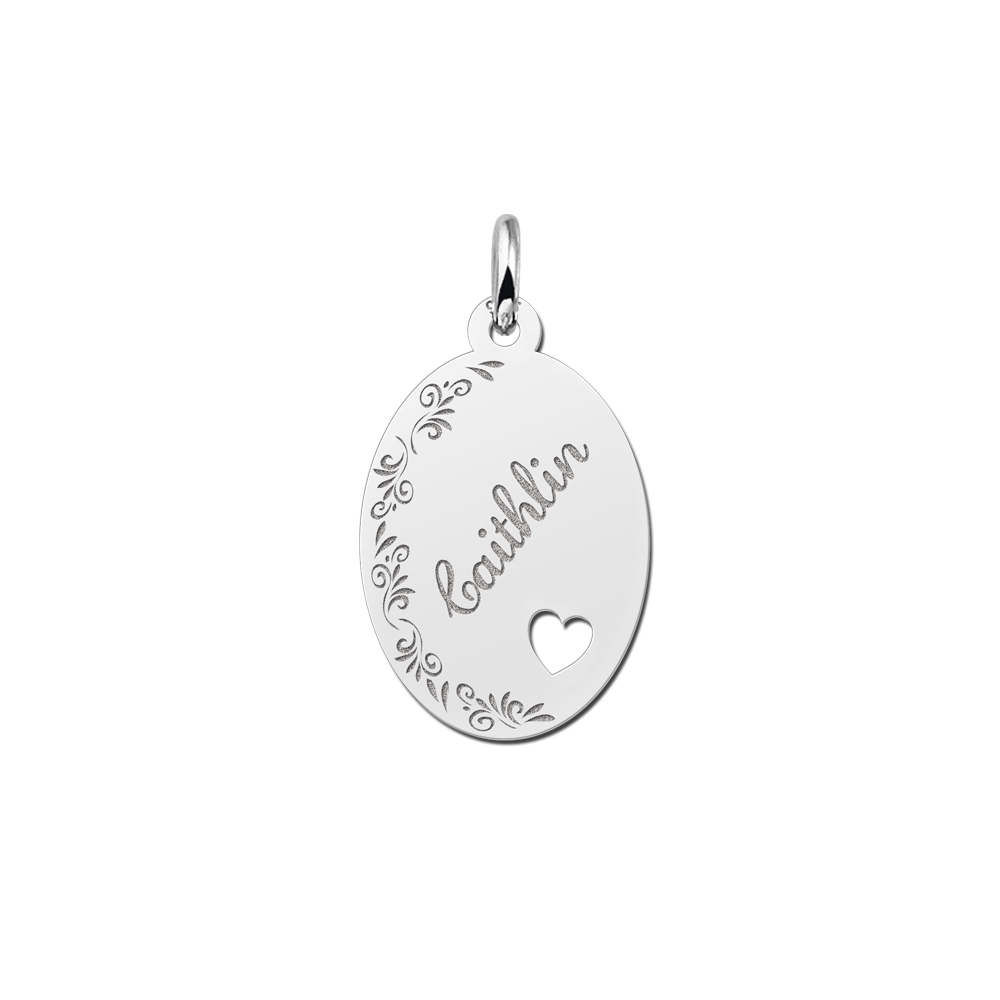 Silver Oval Necklace with Name, Flowers and Small Heart