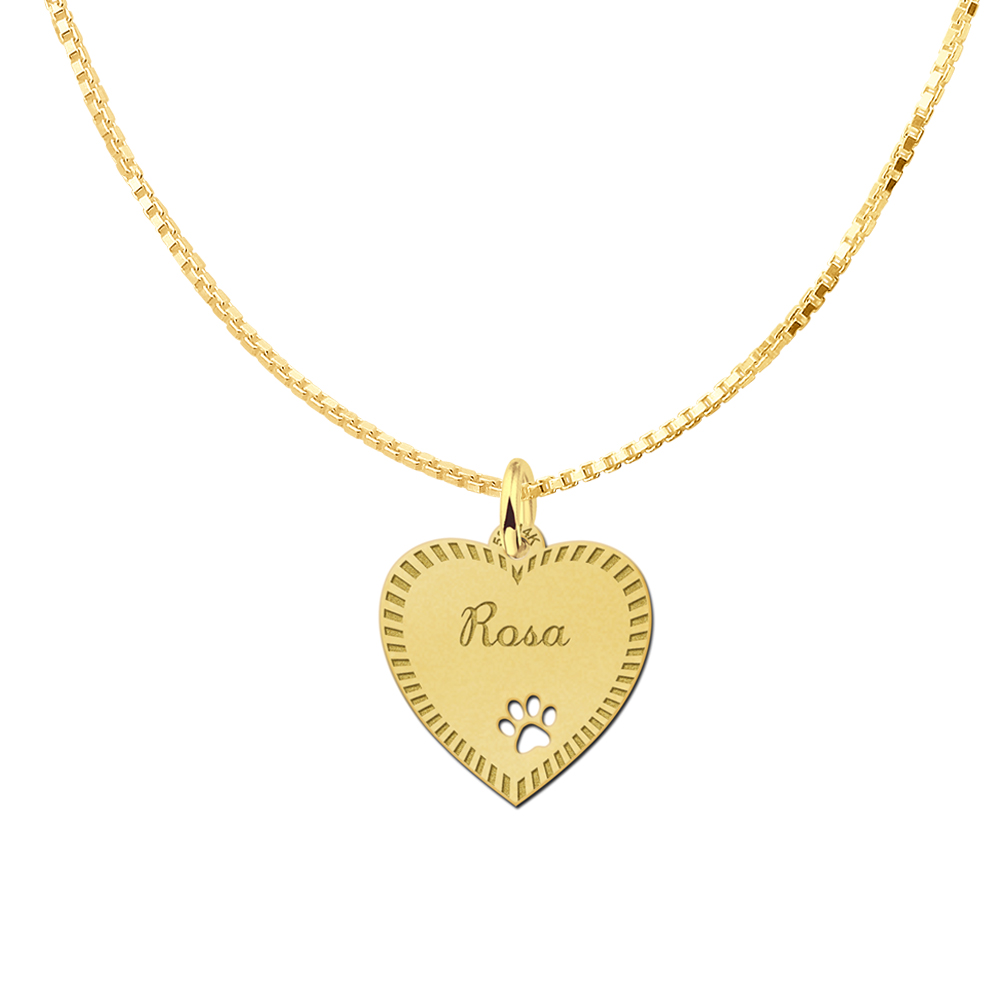 Engraved Gold Heart Necklace with Border and Dog Paw
