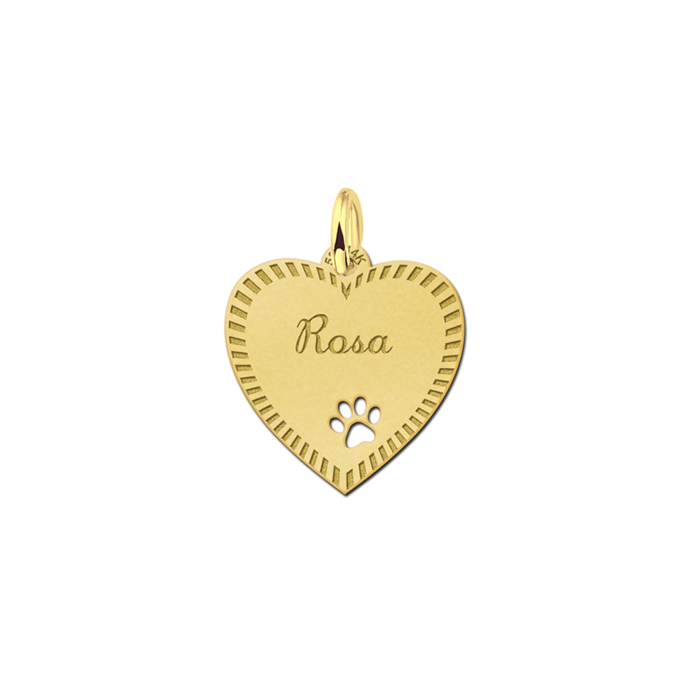 Engraved Gold Heart Necklace with Border and Dog Paw