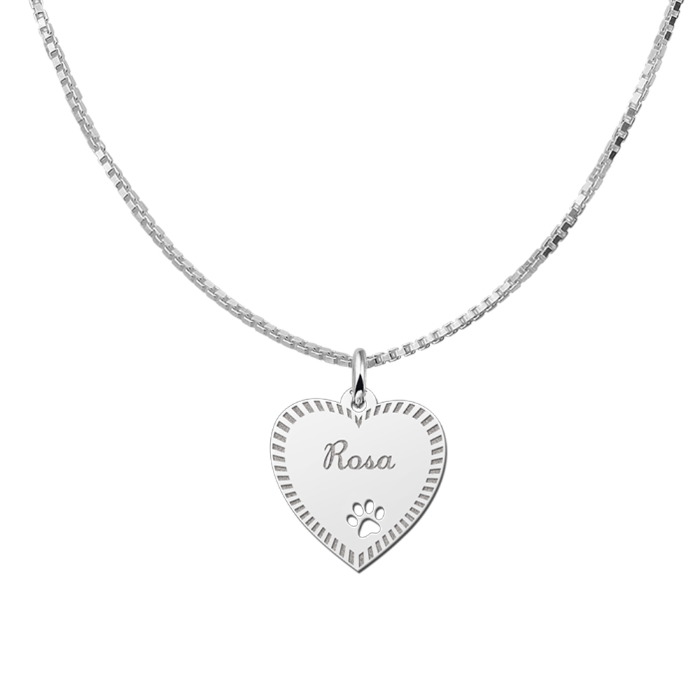 Engraved Silver Heart Necklace with Border and Dog Paw