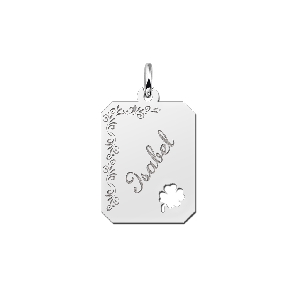 Silver engraved rectangle16 nametag flower design 4leafclover