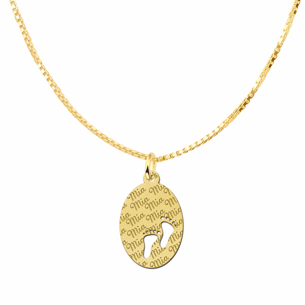 Repeatedly Engraved Gold Oval Necklace with Babyfeet