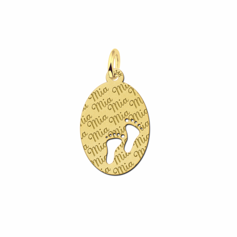 Repeatedly Engraved Gold Oval Necklace with Babyfeet