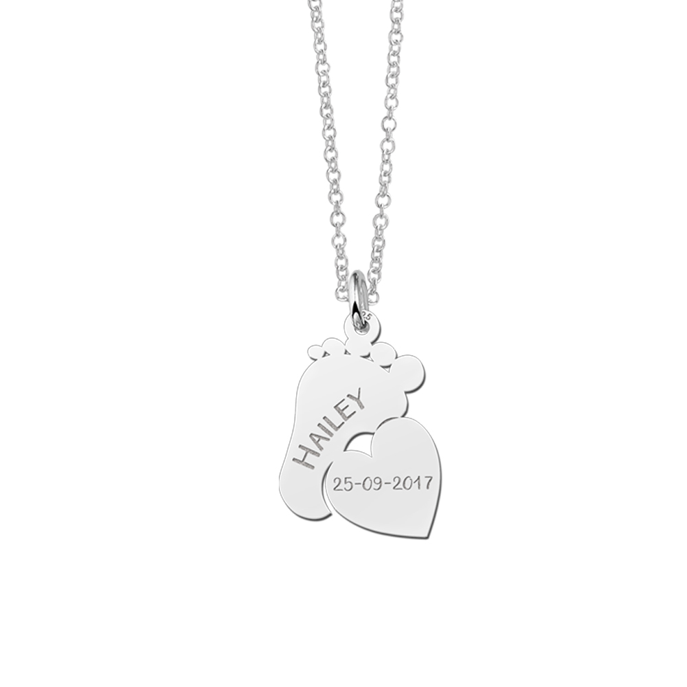 Silver mom necklace with baby feet and little heart