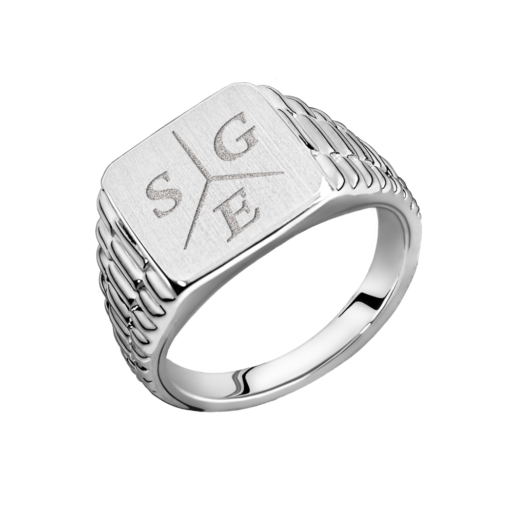Rolex style square silver signet ring with engraving