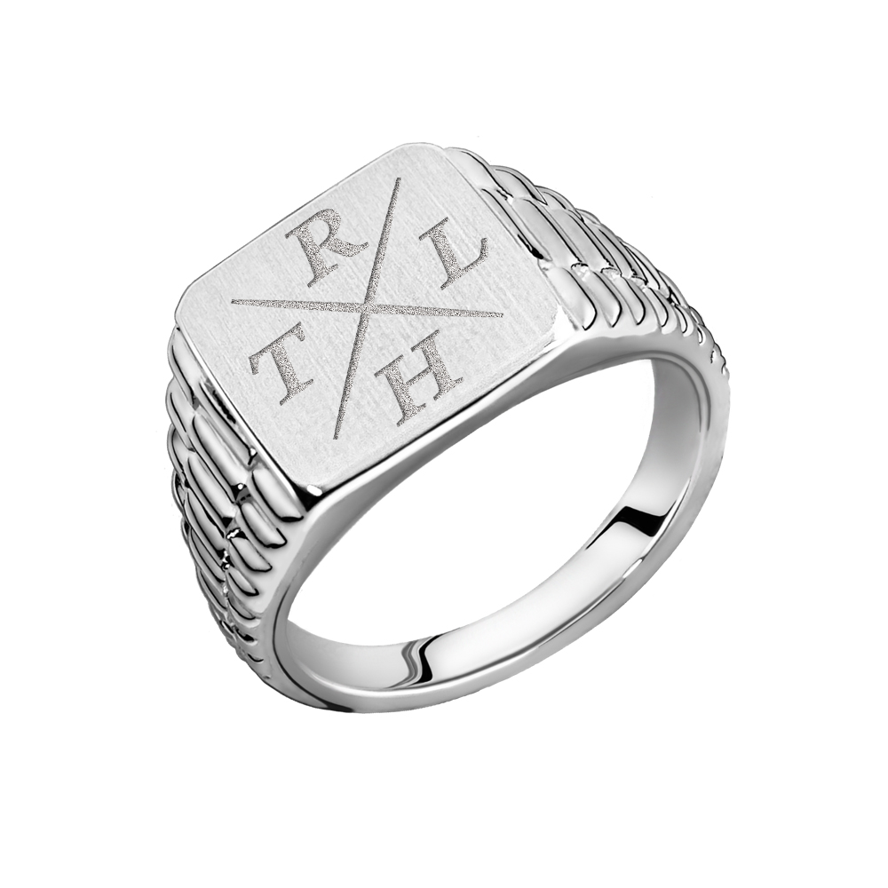 Rolex style square silver signet ring with engraving