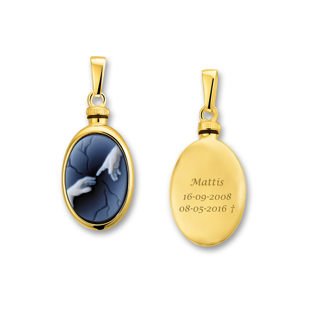 Golden Oval Pendant with Blue Cameo 'Two Hands'