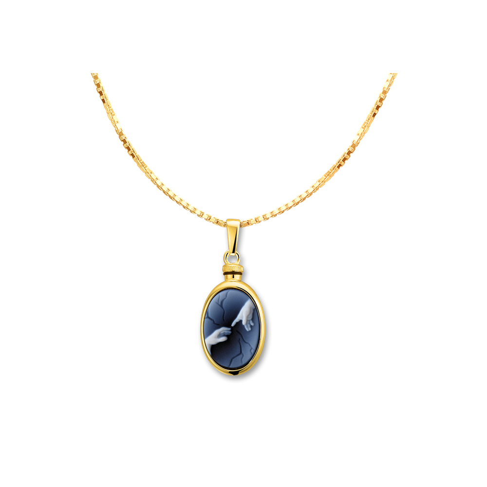 Golden Oval Pendant with Blue Cameo 'Two Hands'