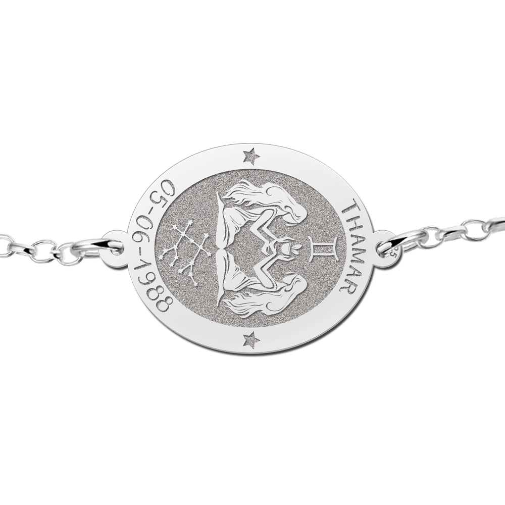 Silver star sign bracelet oval Gemini