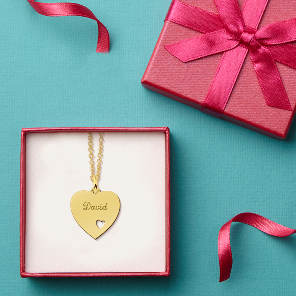 Gold Heart Necklace with Name and Small Heart