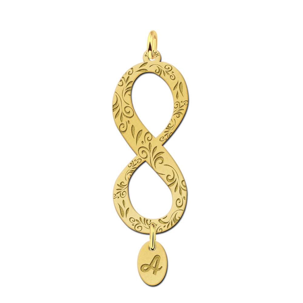 Gold vertical infinity pendant with engraving and initial charm