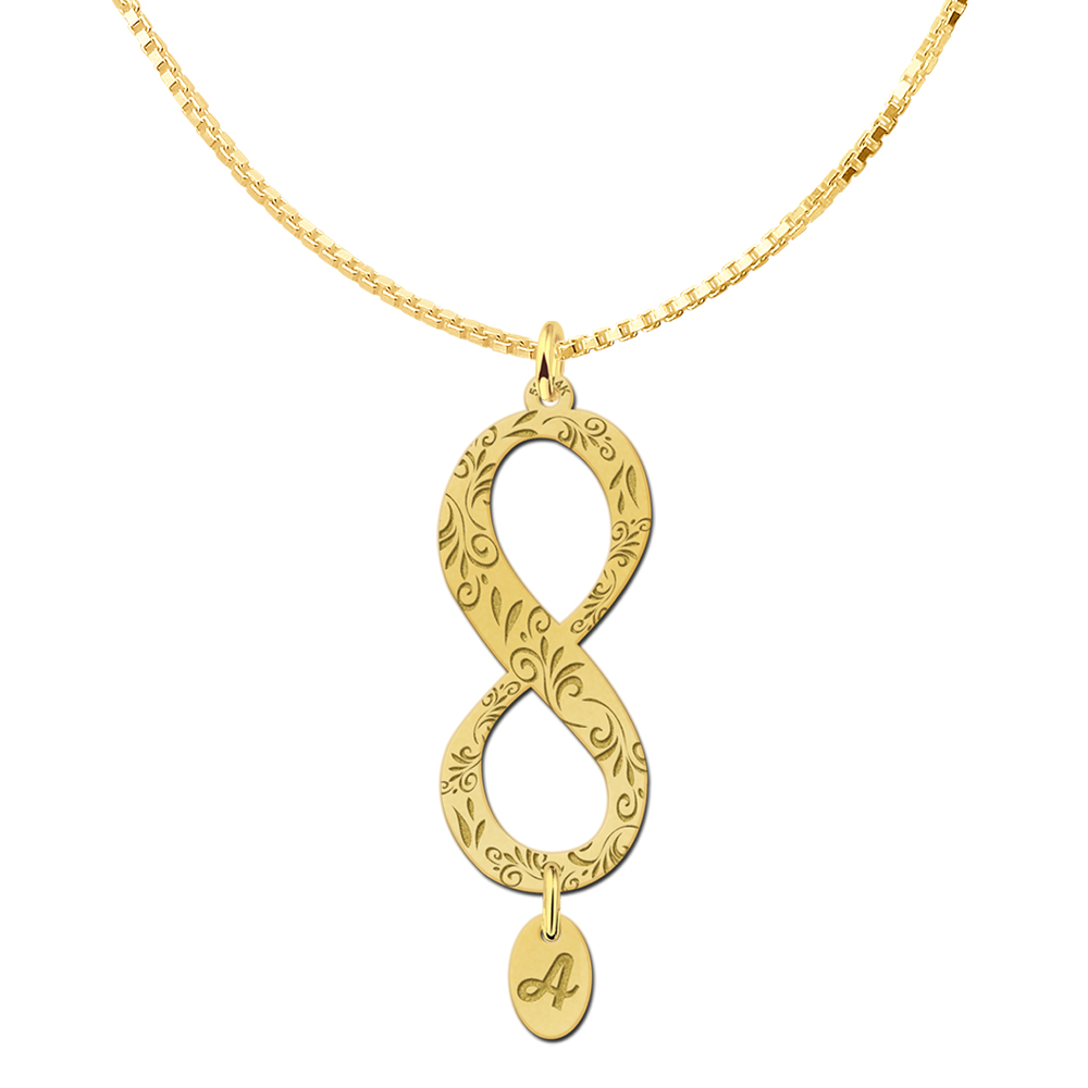 Gold vertical infinity pendant with engraving and initial charm