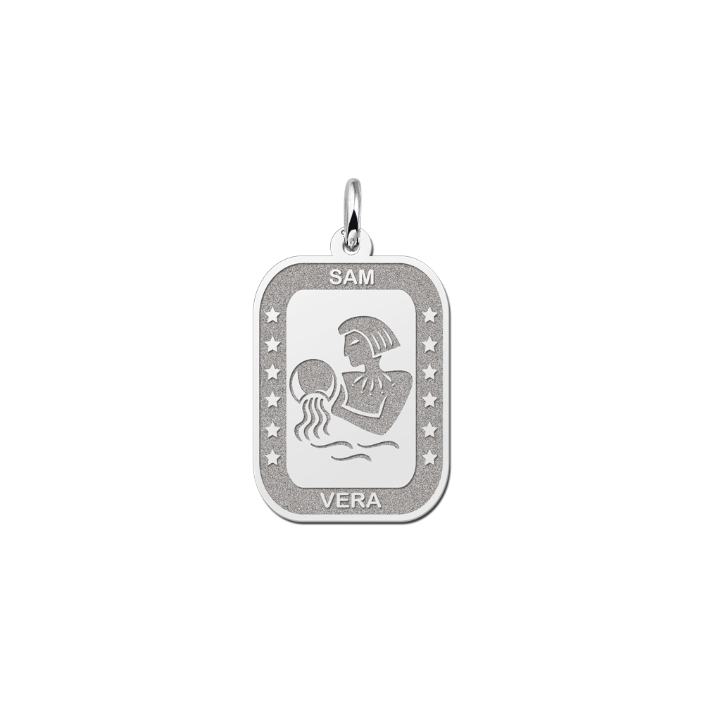 Silver Rectangular Zodiac Pendant Aquarius with Name Engraving