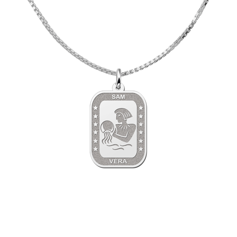 Silver Rectangular Zodiac Pendant Aquarius with Name Engraving