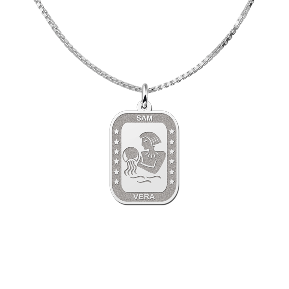 Silver rectangular pendant zodiac aquarius
