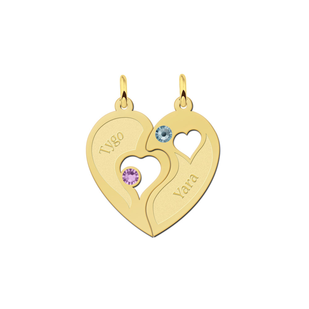 Gold plated breakable heart pendant with birthstones and names