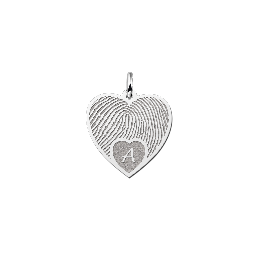 Silver fingerprint jewelry heart with initial