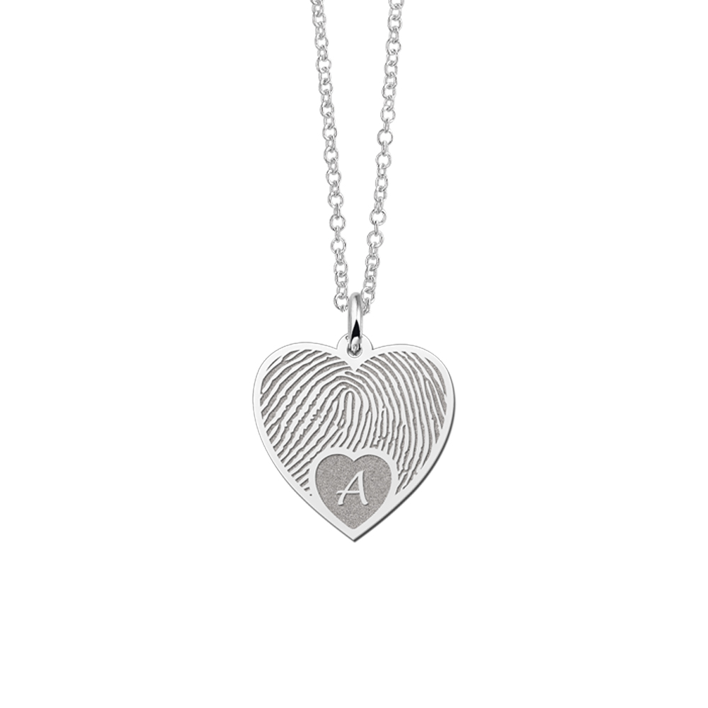 Silver fingerprint jewelry heart with initial