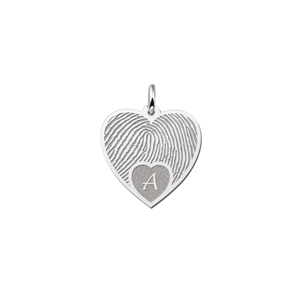 Silver heart pendant with fingerprint and initial
