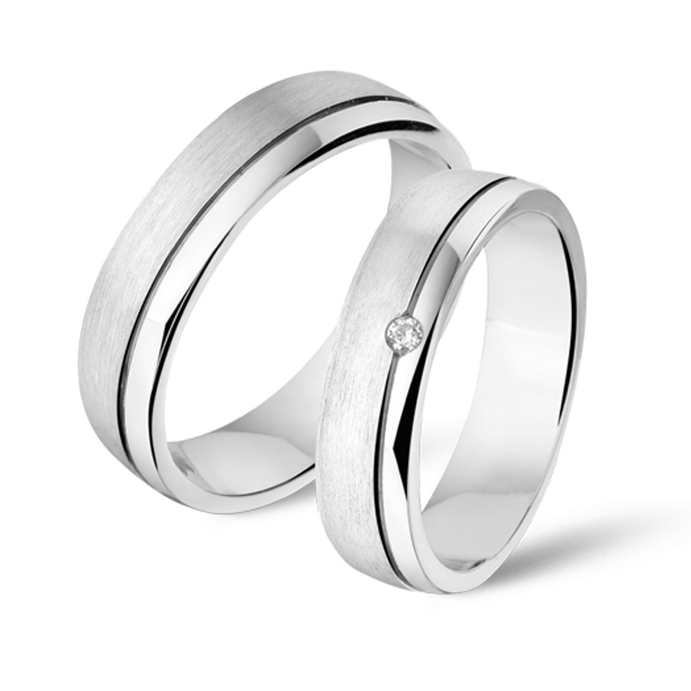 Silver brushed couples rings with polished side and cubic zirconia