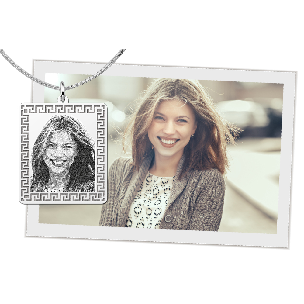 Photo engraved pendant dog tag with hook pattern silver