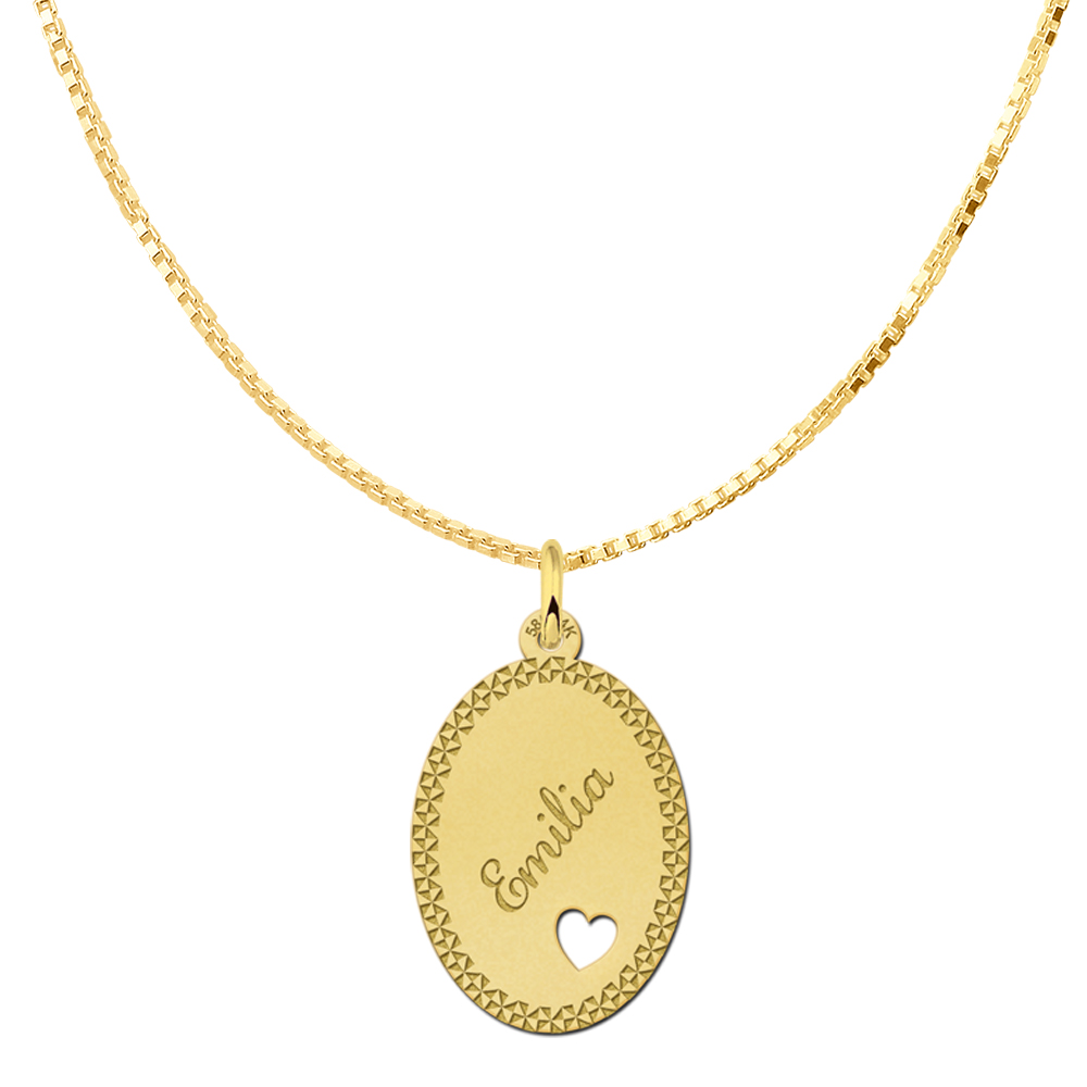 Golden Oval Necklace with Name, Border and Small Heart large