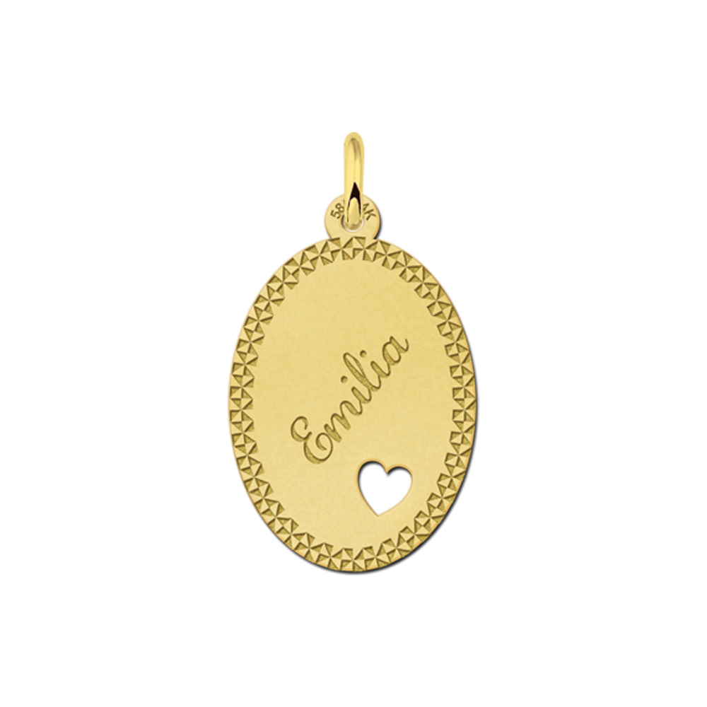 Golden Oval Necklace with Name, Border and Small Heart large