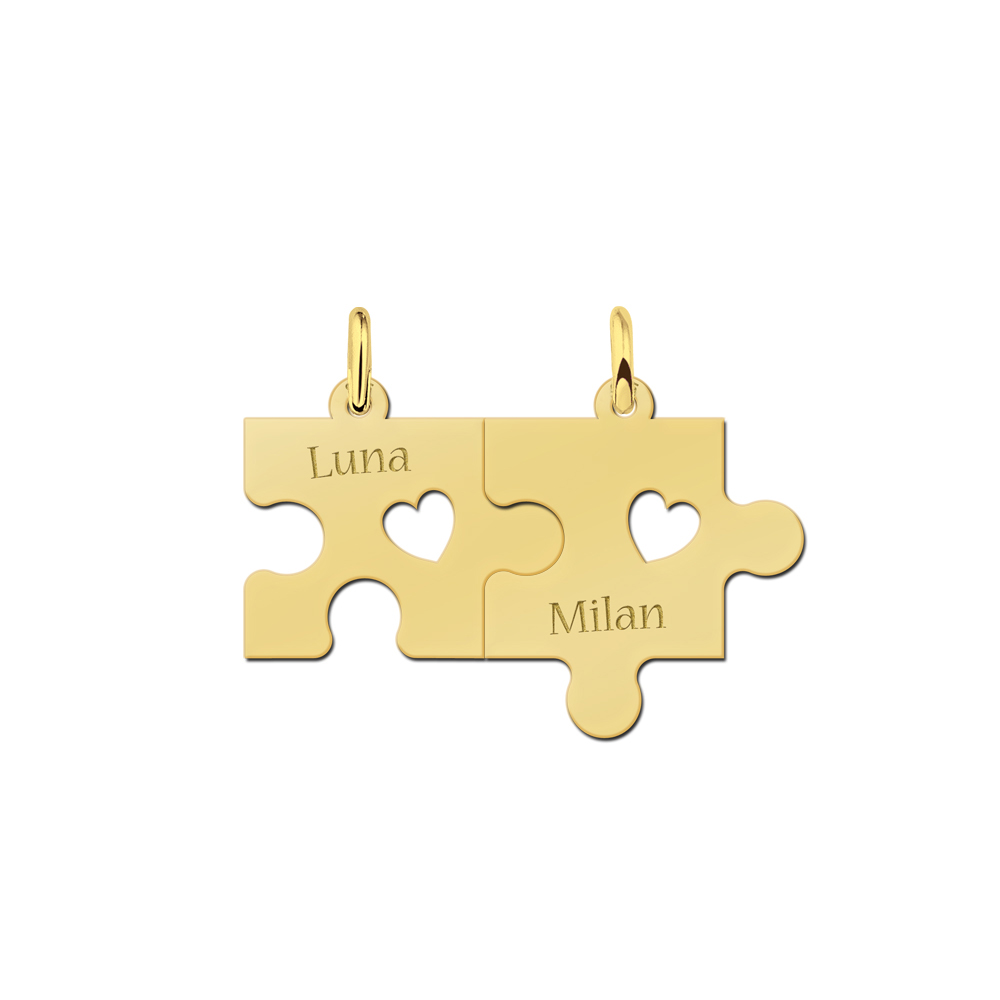Gold plated puzzle piece breakable pendant with cut-out heart and names