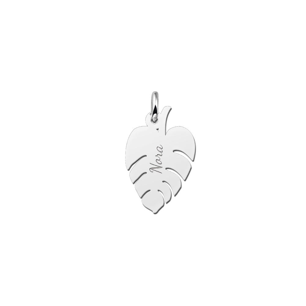 Silver minimalist leaf pendant with name