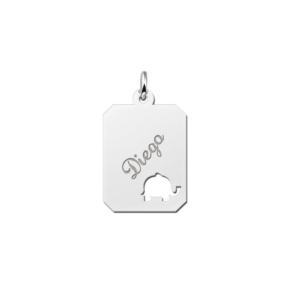 Silver engraved kids rectangle nametag elephant