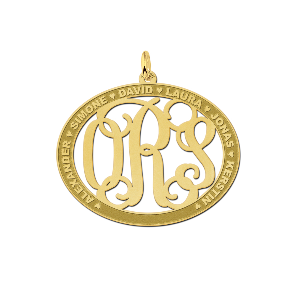 Gold Monogram Pendant with Names, Oval Large