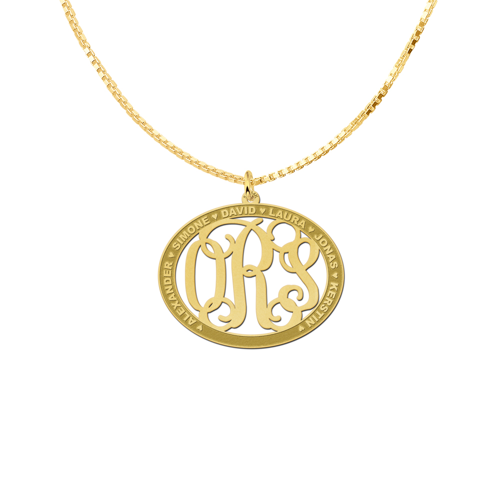 Gold Monogram Pendant with Names, Oval Large