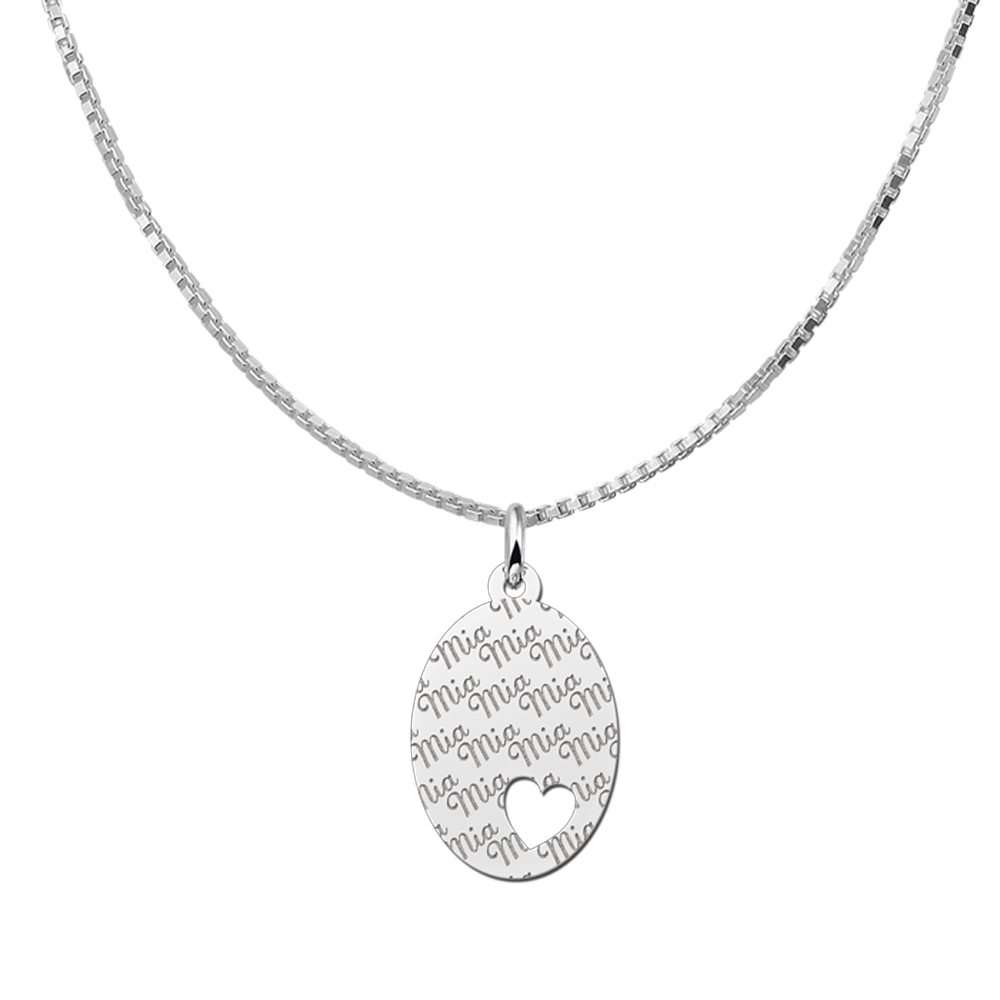 Silver Oval Necklace Engraved with Small Heart