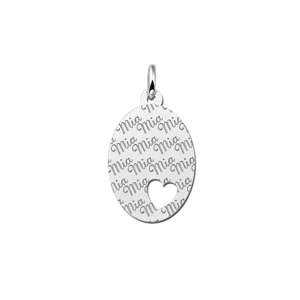 Silver Oval Necklace Engraved with Small Heart