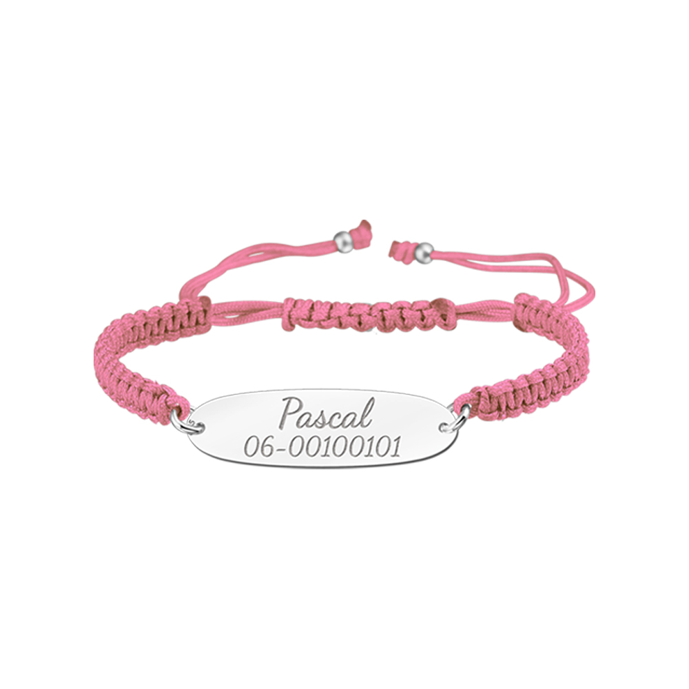 Silver kids bracelet with name and phonenumber pink