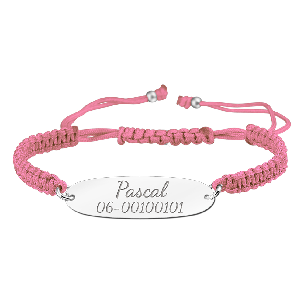 Silver kids bracelet with name and phonenumber pink