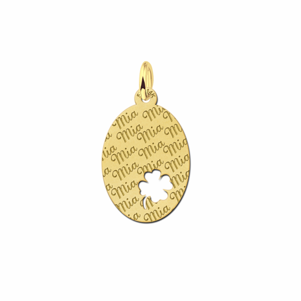 Repeatedly Engraved Golden Oval Necklace with Four Clover